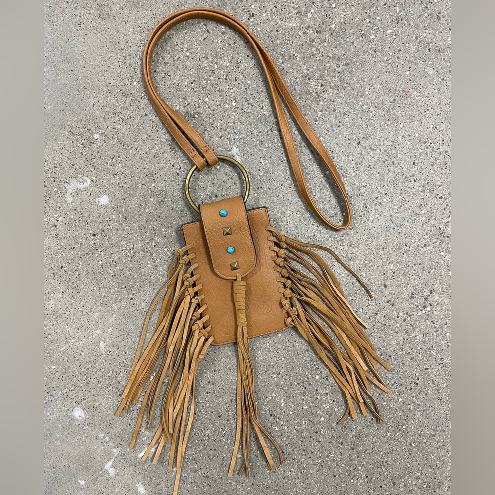 MUDD Fringed Tassel Turquoise Studded Crossbody Boho Bag, Cell Phone Pouch